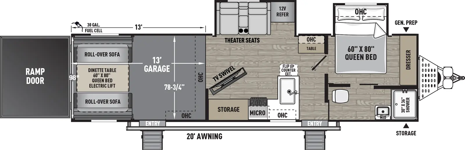 The Adrenaline 30GS floorplan is a toy hauler that has two entries and two slide outs. Exterior features include: fiberglass exterior and 20' awning. Interiors features include: front bedroom.